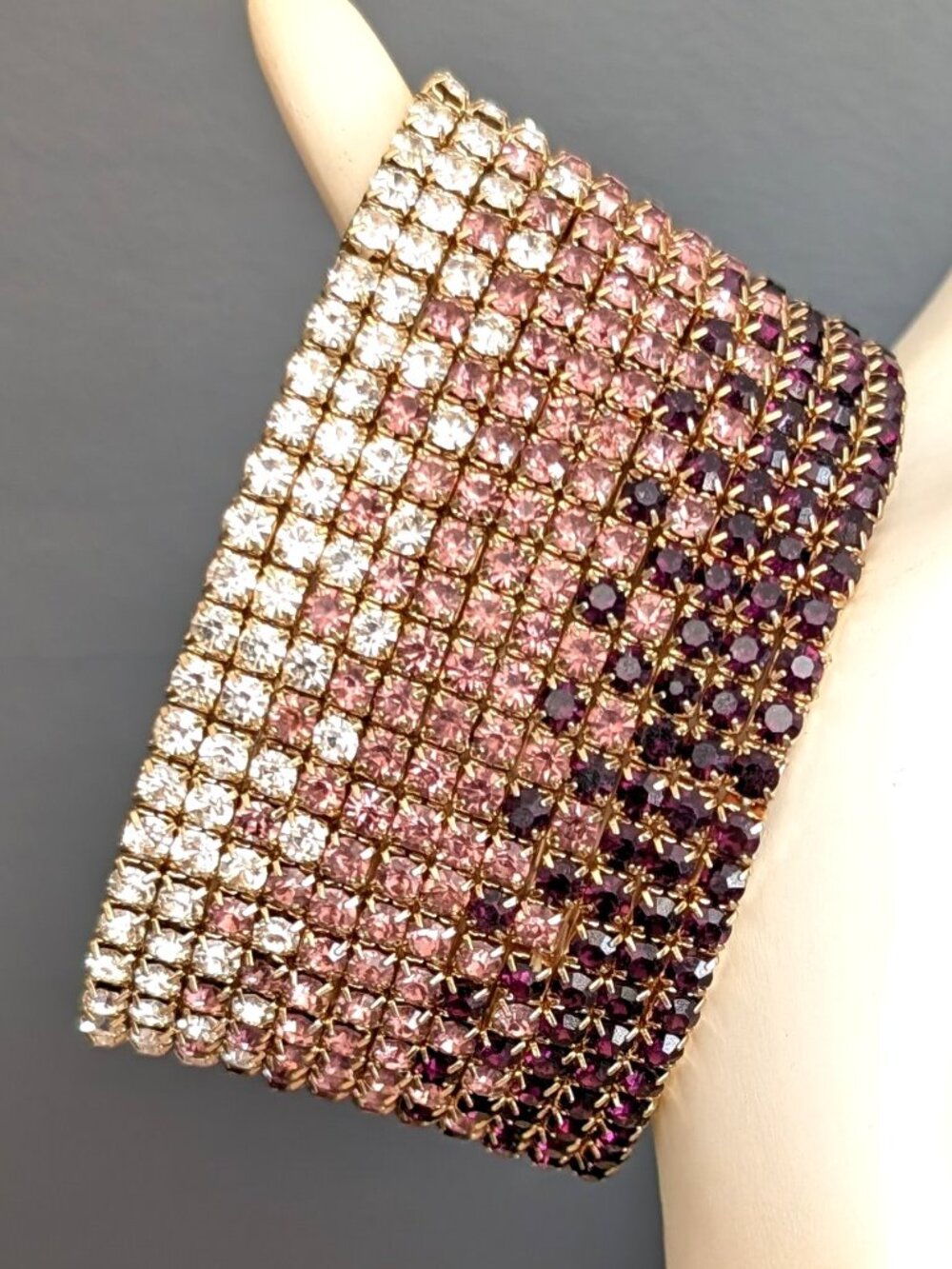 Wide clear, dusty pink and dark purple cz clear stretch bracelet